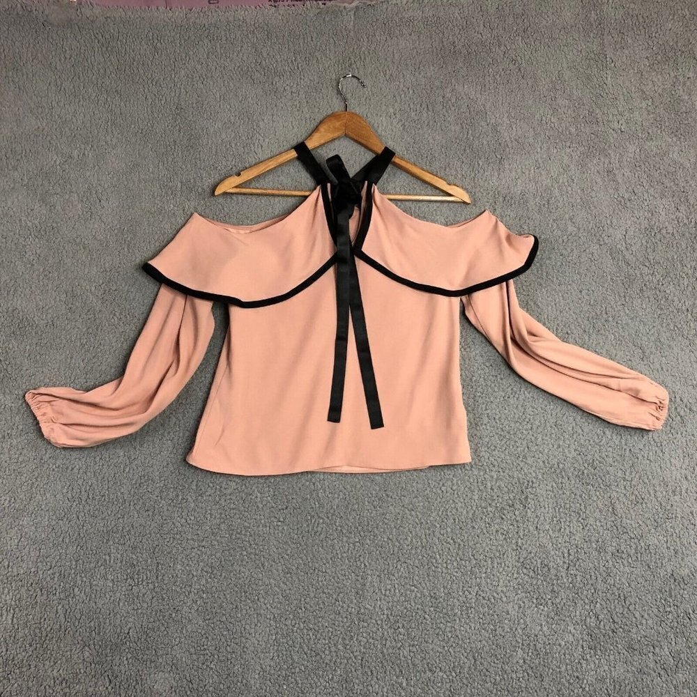 Alexis Malia Dusty Pink Cold Shoulder Choker Blouse Ribbon Tie XS‎ Designer - Picture 3 of 12